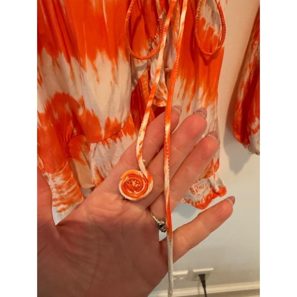 ROCOCO SAND Womens Mini Dress Size S Orange Off-White Tie-Dye Long Sleeve Collar - Picture 5 of 8